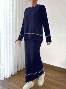 EURMUSE Women Solid Color Round Neck Drop Shoulder Stripe Pattern Pullover & Sweater Skirt Set,Petite,Winter Clothes - Navy Blue - View 5