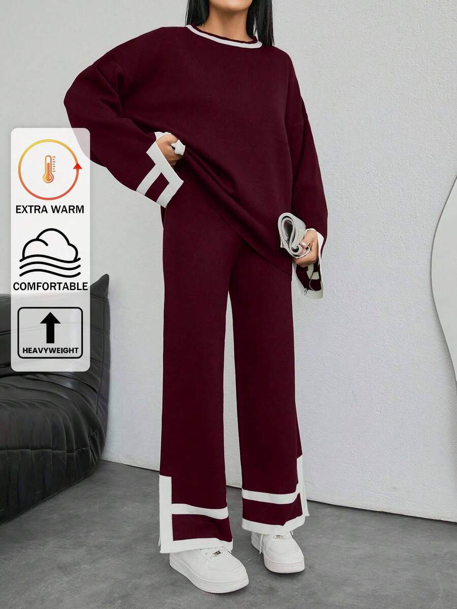 EURMUSE 1pc Contrast Trim Drop Shoulder Sweater & 1pc Knit Pants,Loungewear Set,Petite,Winter Clothes,Two Piece Set Women - Burgundy - View 1
