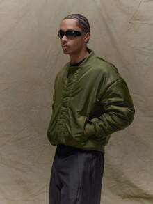 Musero Oversized Shine Down Ruched Sleeve Bomber Jacket Hidden Zip Detailing Fall/SPRING SUMMER - Army Green - View 4