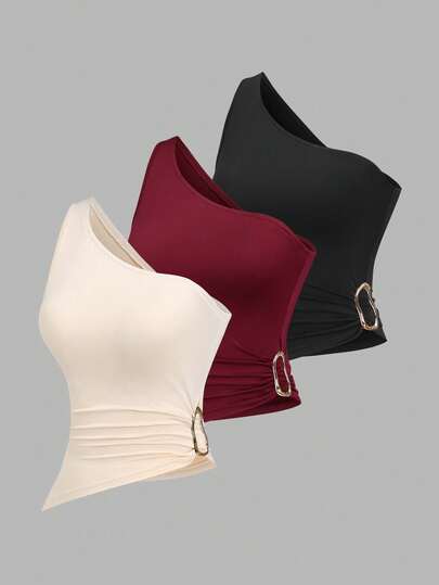 Sweetra Conjunto de blusa asimétrica de un solo hombro con decoración de hebilla metálica para mujer, adecuado para vacaciones en la playa, primavera/verano