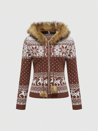 ROMWE Avant Cárdigan con capucha ajustado con adorno de borreguito estilo Fair Isle vintage Y2K para mujer