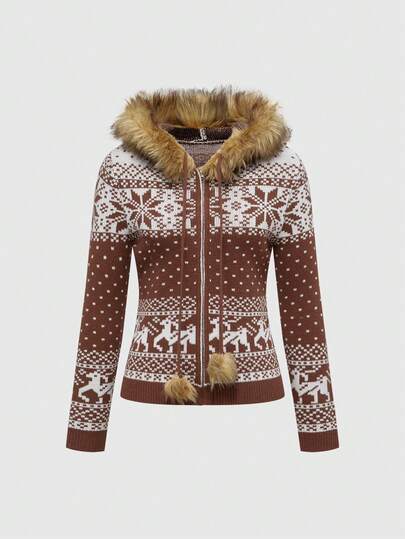 ROMWE Avant Vintage Y2K Fair Isle Fuzzy Trim Fitted Hooded Cardigan For Women