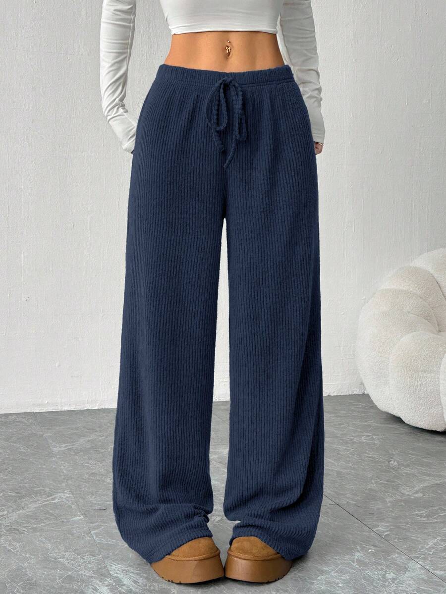 SHEIN EZwear 女式纯色简约日常新款罗纹打底裤 - 藏蓝色 - 查看 1
