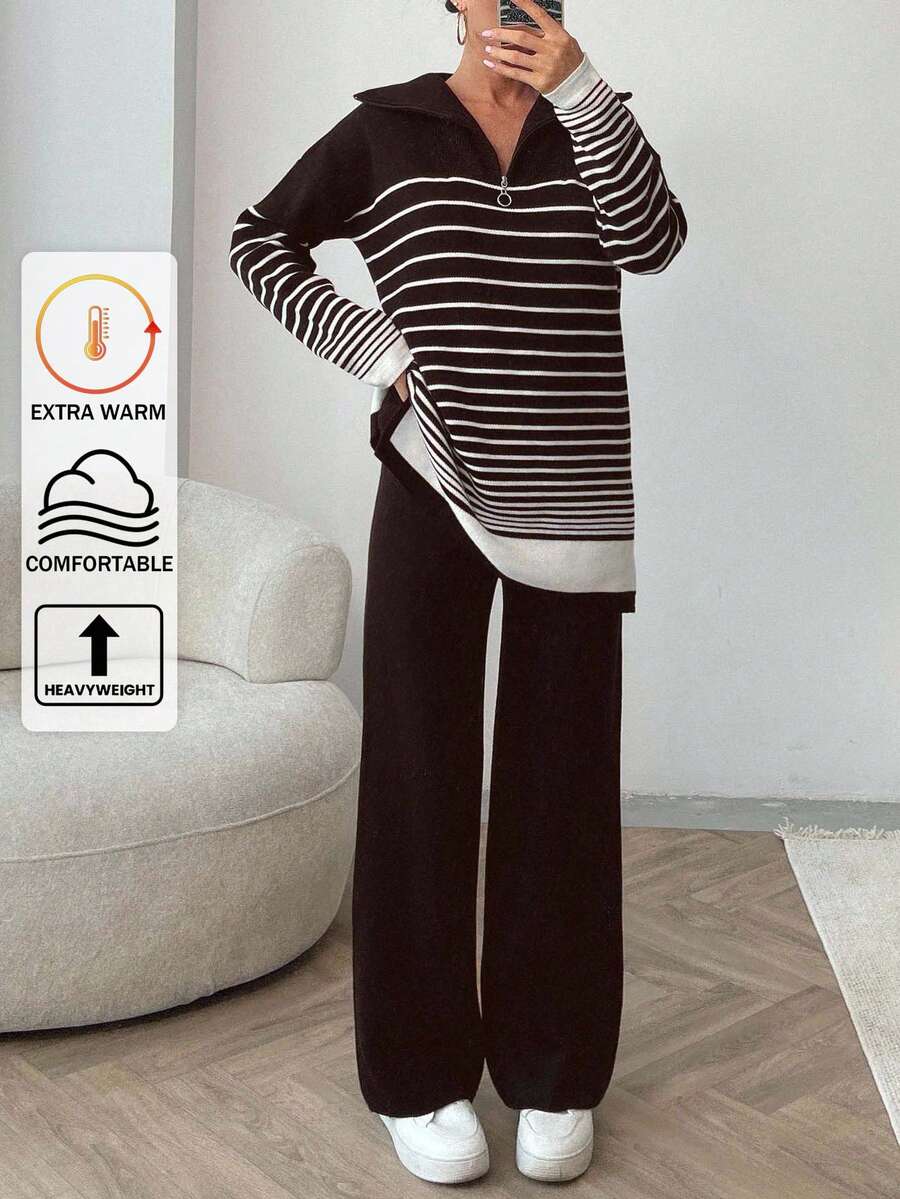 EURMUSE Women Solid Color Asymmetric Stripe Pattern Collar Neck Zipper Drop Shoulder Pullover & Sweater Pants Set, Petite, Winter Clothes - Brown - View 1