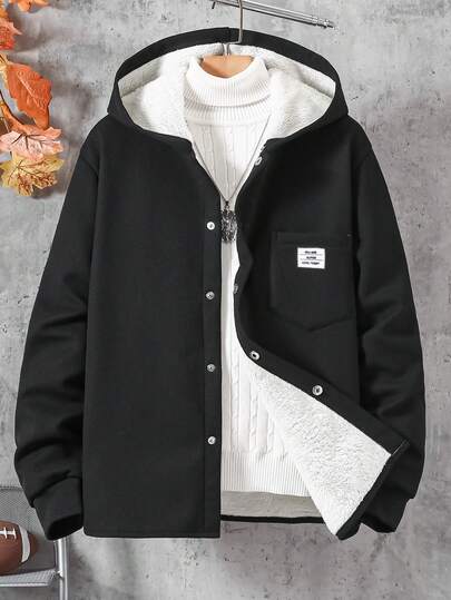 1 pieza Chaqueta con capucha casual forrada térmicamente para adolescentes, con decoración de bolsillo, adecuada para actividades al aire libre de otoño/invierno