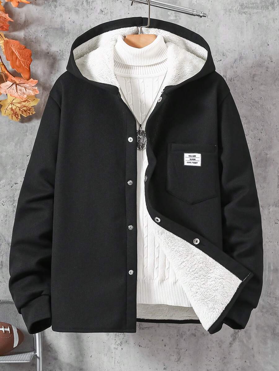 1pc Hooded Casual Thermal Lined Shacket For Teens, Pocket Decor, Suitable For Autumn/Winter Outdoor Activities - Black - View 1