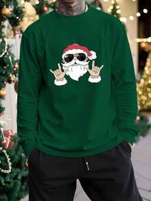 Manfinity Homme 男士圣诞老人图案印花长袖休闲T恤，秋季，圣诞节 - 墨綠色 - 查看 1