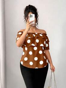 Elenzga Blusa de hombros descubiertos con volantes en capas y estampado de lunares clásico para mujer de talla grande - Marrón - Ver 4