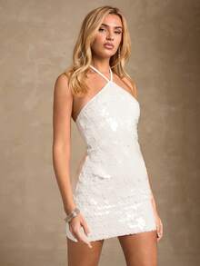 SHEIN Glamour Đầm dự tiệc hở lưng đính cườm thắt nơ thời trang nữ gợi cảm - trắng - Xem 1