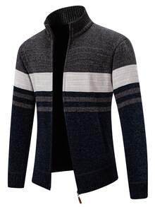 Calvornis Chaqueta de forro polar con cremallera, cuello alto y diseño de rayas de contraste para hombre, otoño/invierno - Azul Marino - Ver 4