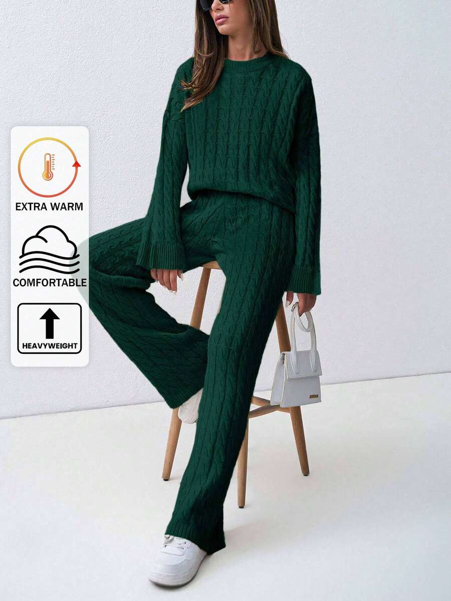 SHEIN Tall Bộ áo len dệt kim vai trễ và quần hai mảnh cho nữ - Màu xanh lá cây đậm - Xem 1