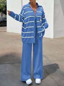 EURMUSE Women Striped Sweater Cardigan And Pant Set - Royal Blue - View 4