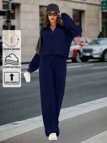 SHEIN Tall Drop Shoulder Zip Up Cardigan & Knit Pants,Petite Co Ord Set,Co Ords Sets Women,Petite Co Ord,Winter Co Ord Set,Co Ord,Loungewear Set,Knitted Co Ord Set,Petite,Winter Clothes,Two Piece Set Women - Navy Blue - View 1