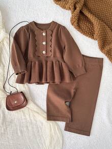 SHEIN Playful Pals Toddler Girls' Sweater Set, Long Sleeve With Extra-Large Ruffle Hem And Pants, Light Camel Brown Baby Girl Set Autumn Winter Brown Baby Girl Set Puffed Sleeve Baby Outfit Brown Baby Girl Outfit - Coffee Brown - View 7