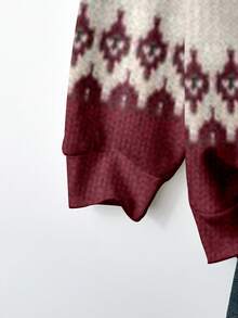 SHEIN LUNE Casual Minimalist Fair Isle Geometric Red Jacquard Print Pattern Crew Neck Loose Fit Women Sweatshirt, Suitable For Autumn/Winter, Christmas