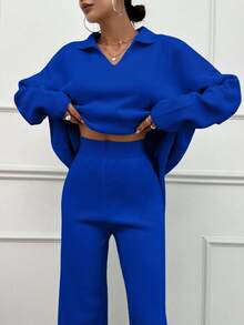SHEIN Tall 2pcs/Set Solid Color Turn-Down Collar Sweater And Long Pants Outfit,Petite,Winter Clothes - Royal Blue - View 7