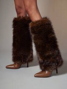 SHUZIA Women's Pointy Toe High Heel Fluffy Fur Knee High Boots - Brown - View 7