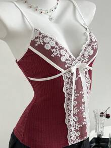 Elamini Women's Casual Fashionable Lace Patchwork Knit Camisole, Autumn/Winter - Burgundy - View 4