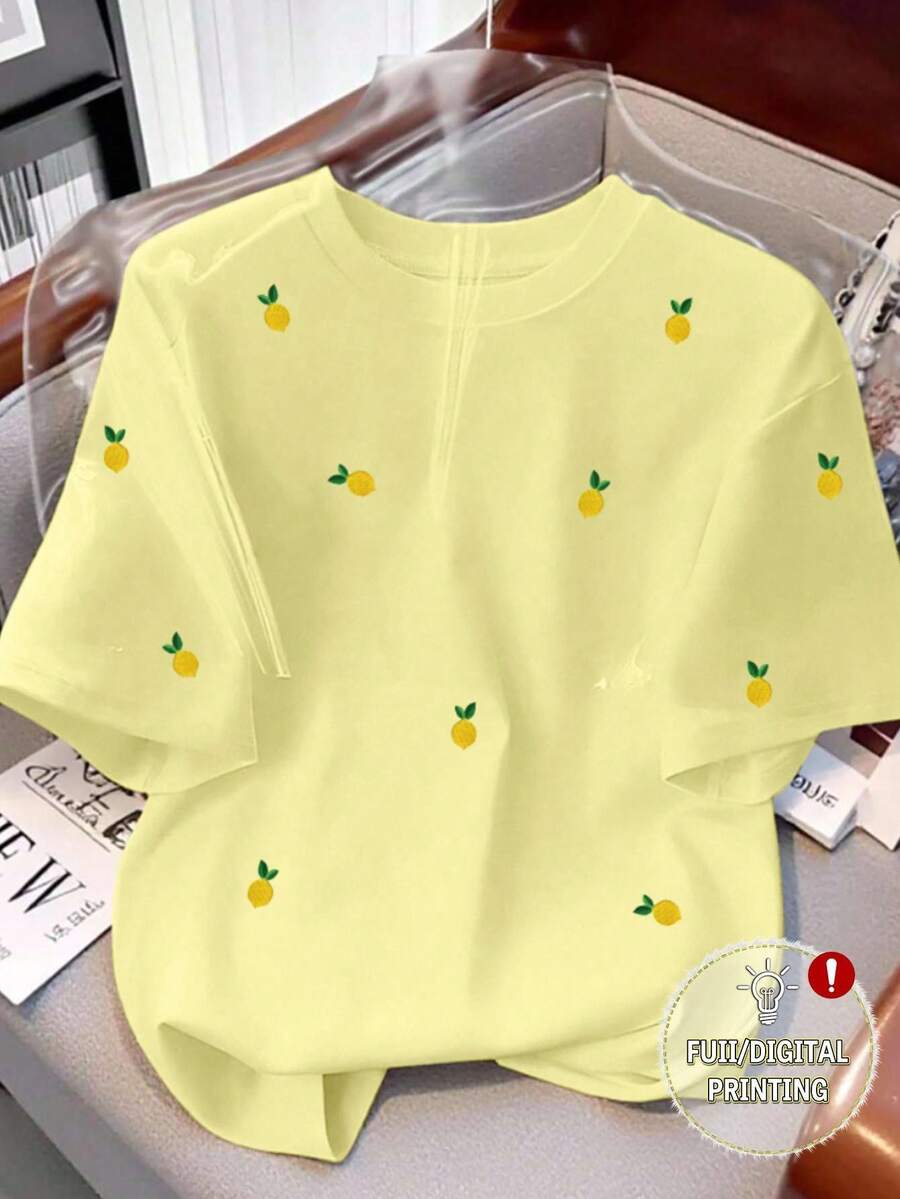 Franclia Camiseta casual de mujer con estampado de limón, camiseta gráfica con patrón de limón bordado falso de cuello redondo y estampado digital todo sobre - Amarillo - Ver 1