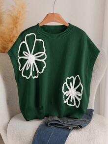 CosyJoli Plus Size Women Floral Pattern Sleeveless Knit Pullover Top - Dark Green - View 1