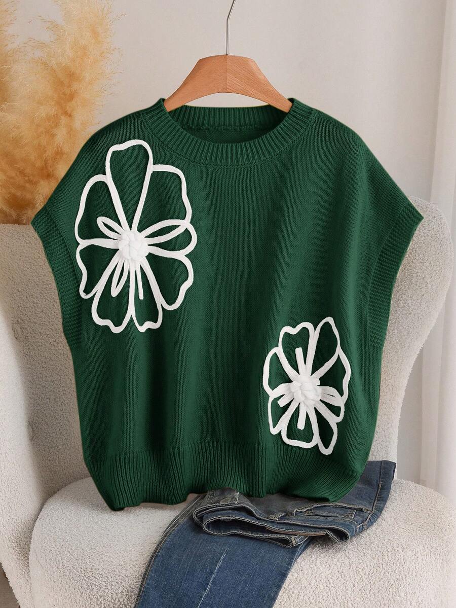 CosyJoli Plus Size Women Floral Pattern Sleeveless Knit Pullover Top - Dark Green - View 1