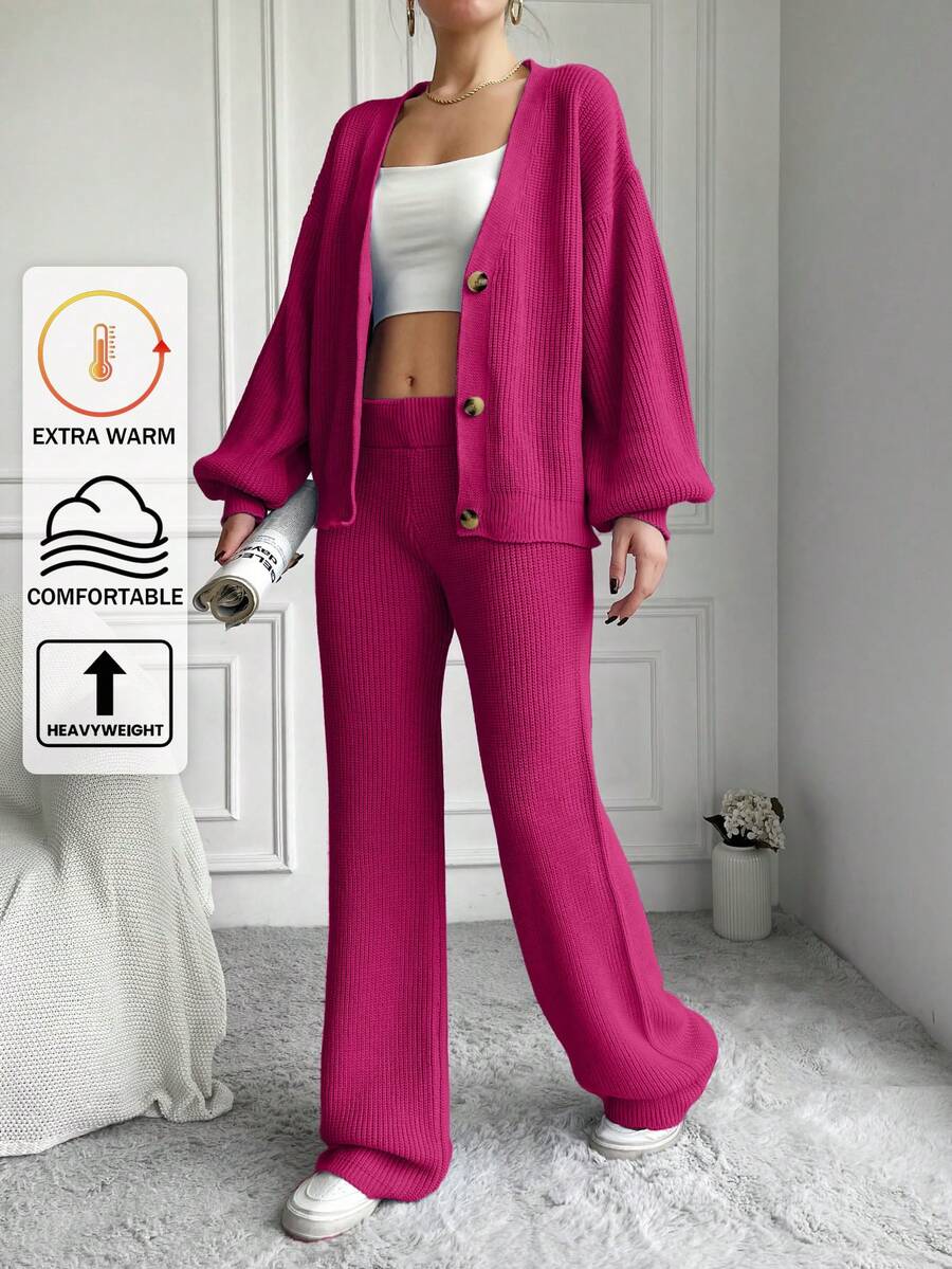 EURMUSE 2pcs Women Sweater Set, Solid Color Cardigan And Knit Pants,Petite,Winter Clothes - Hot Pink - View 1