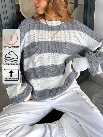 Women Stripe Pattern Round Neck Drop Shoulder Pullover,Jumper,Cream Jumper,Jumpers,Black Jumper,Womens Jumper,White Jumper,Women's Jumper,Women's Jumpers,Winter Clothes