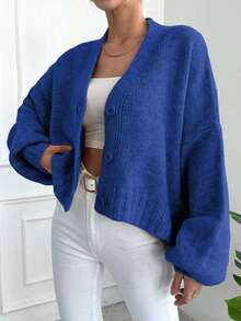 EURMUSE 女士纯色落肩长袖单排扣休闲开衫 - 藏蓝色 - 查看 4