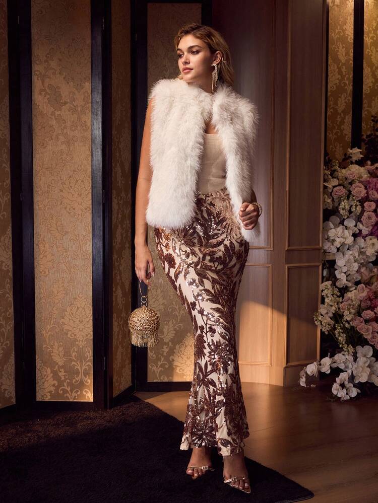 JUPE TAILLE HAUTE POUR FEMMES AVEC BRODERIE SEQUIN FLORALE ALÉATOIRE, POUR LES FÊTES D'AUTOMNE, D'HIVER ET DE PRINTEMPS & DÉCONTRACTÉ (À PORTER AVEC UN CHEMISIER OU UN CROP TOP)