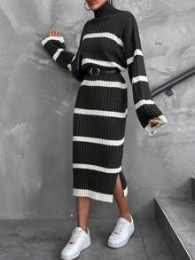 EURMUSE Women Frenchy Black And White Striped Turtle Neck Knit Dress,Petite - Dark Grey - View 4