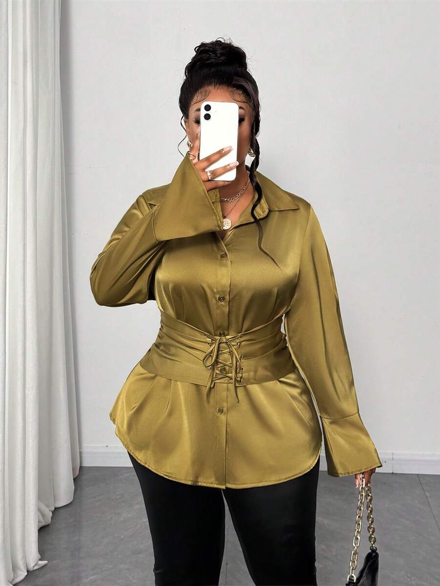 Maweii 大码女式束腰优雅系带衬衫 - 黃色 - 查看 1