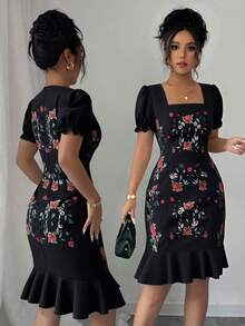 Rafferiza Women's Elegant Floral Print Ruffle Hem Midi Dress, Summer