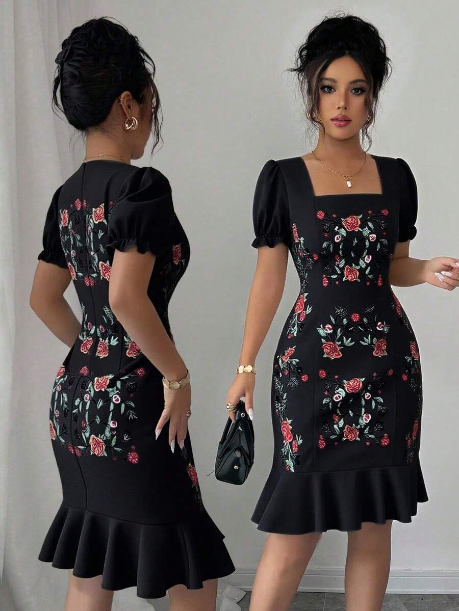 Rafferiza Women's Elegant Floral Print Ruffle Hem Midi Dress, Summer