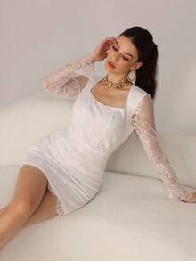 Poshira 高端法式复古优雅白色蕾丝荷叶边腰身长袖连衣裙 - 白色 - 查看 5