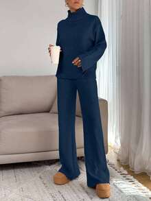 EURMUSE Women Relaxed Fit Turtle-Neck Sweater With Rib Knit Detailed And Straight Knit Pant Set,Co Ord,Winter Clothes - Navy Blue - View 5