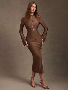 L'Amorae Women Long Knit Dress With Keyhole Button Detail And Dramatic Open Back - Brown - View 5