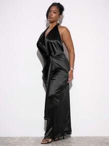 MUSERA Plus Size Halter Neck Knot Detail Sleeveless Satin Look Maxi Dress  Winter, Going Out, Night Out, Sexy, Curve, Birthday, Allure Party,  Party, NYE, Occasion  Party Elegant  Chic Festive, Holidays - Black - View 2