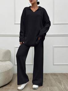 SHEIN Tall 2 قطعة/مجموعة ملابس بلون موحد مع كنزة بياقة مطوية وبنطال طويل، للنساء الطويلات - الأسود - مشاهدة 4