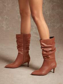 SHUZIA Sepatu Boots Wanita Seksi Ujung Lancip Hak Kitten Setinggi Betis - Chocolate Brown - View 7