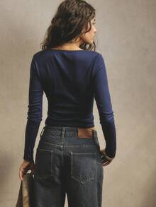 Aralina Women's Casual Asymmetrical Long Sleeve Top With Buttons Perfect For Fall/Winter Going Out Top