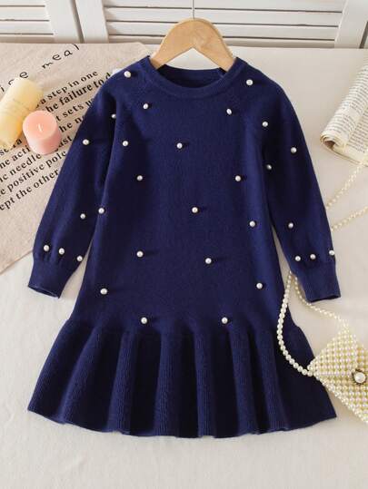 Sparklyn 年轻女孩休闲通勤优雅珍珠装饰荷叶边下摆宽松针织毛衣裙，秋冬