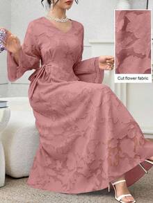 Modelyn V-Neck Jacquard Fabric Waist Bowknot Dress With Flared Hem, Plus Size, Long Sleeve - Pink - View 1