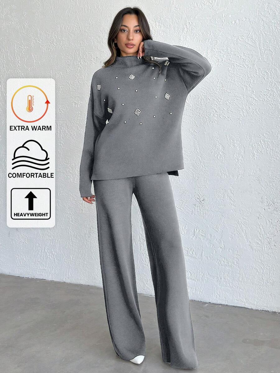 SHEIN Tall Women's Pearl Beaded Knit Sweater 2pcs/Set,Petite Co Ord,Co Ord,Petite,Winter Clothes, Tall Women - Light Grey - View 1