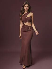 L'Amorae Women Cut Out Maxi Dress Ornament Detail Holiday Fall Wedding Guest Night Out Birthday Outfit - Brown - View 5