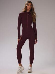 Musera Sport Sport Brushed Fitted Zip Through Long Sleeve Jumpsuit Autumn Fall  Active Sport Gym Workout Lounge Yoga Pilates Fitness Daily Casual - Burgundy - View 1