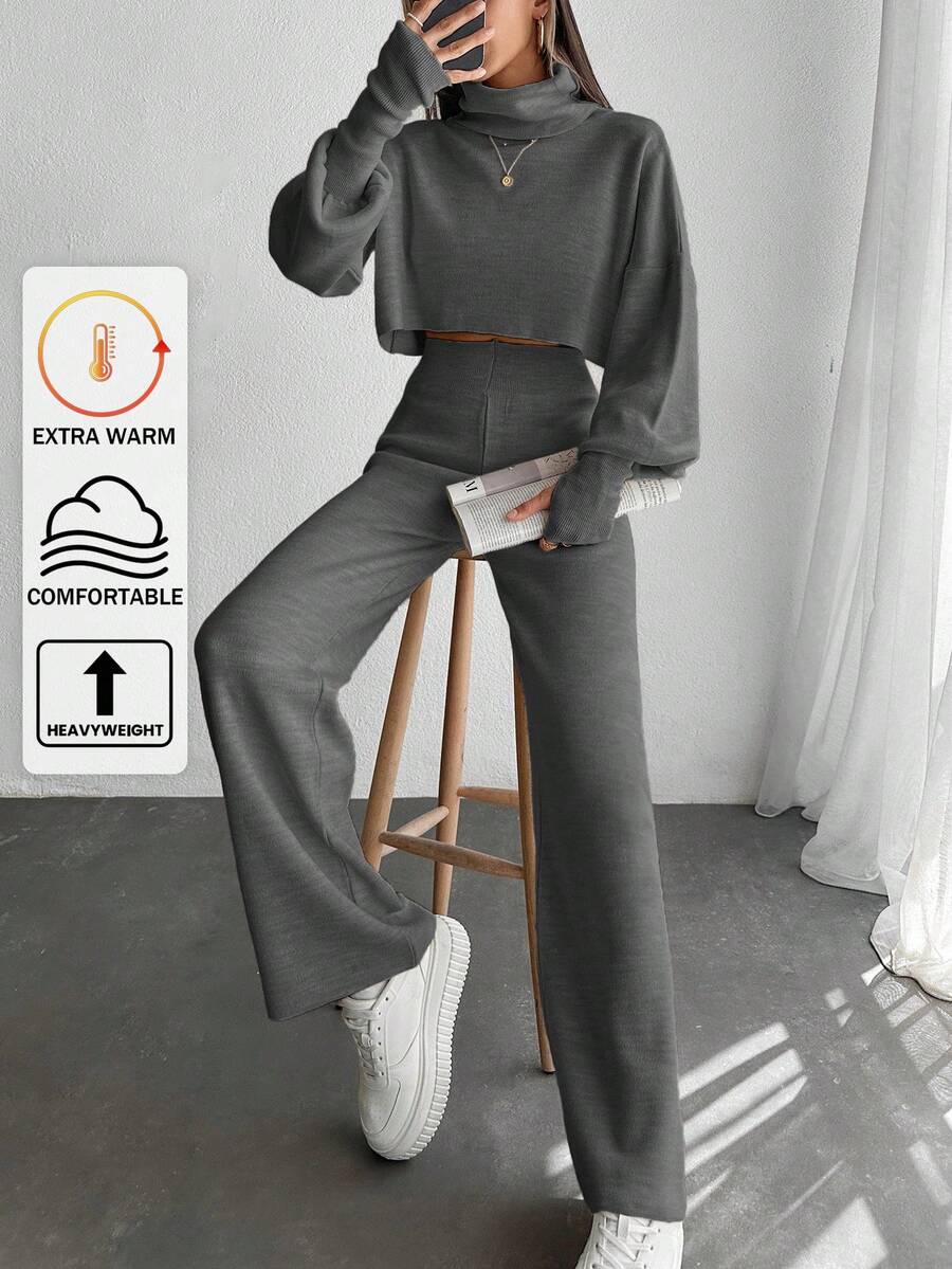 EURMUSE 2pcs Set: Turtleneck Puff Sleeve Solid Color Sweater Top And Pants, Knitted - Dark Grey - View 1
