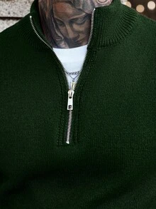 Manfinity Homme 男士纯色休闲落肩长袖四分之一拉链针织衫，秋冬高领男士套头毛衣 - 綠色 - 查看 3