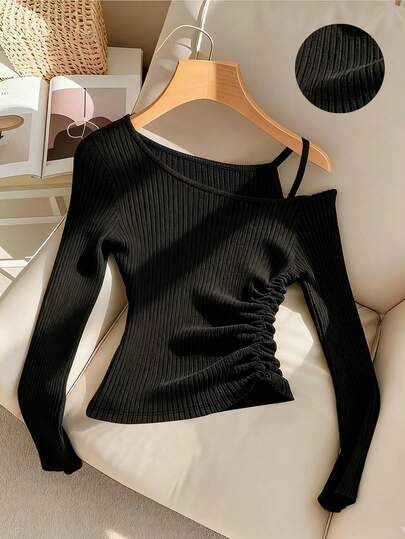 Franclia 冬季女装秋冬不对称肩部黑色侧褶腰长袖T恤优雅休闲T恤