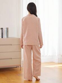 少女编织粉色格子刺绣图案长袖衬衫和裤子休闲睡衣套装 - 西瓜粉 - 查看 5