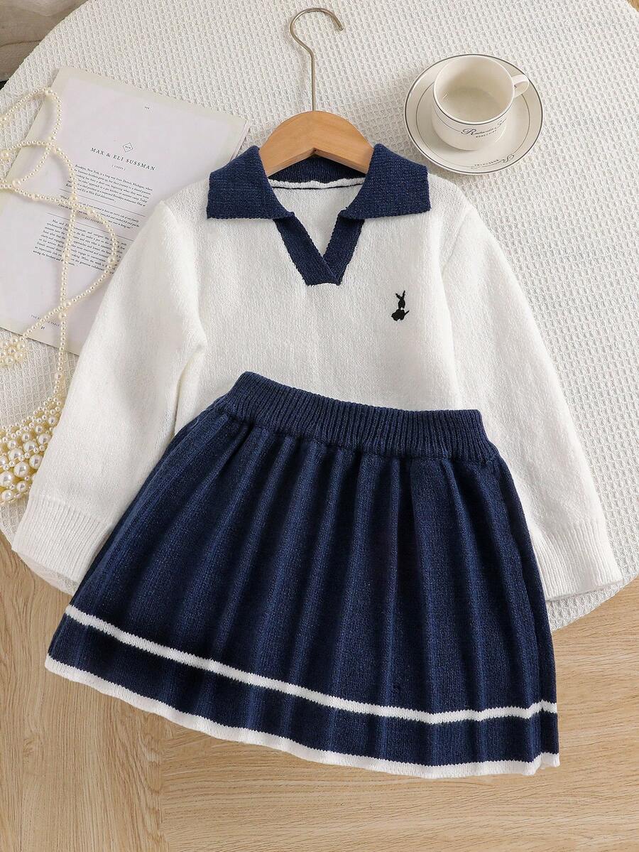 Souflis Souflis 2 pièces Ensemble pull, Pull élégant de style français tricoté avec blocs de couleurs et mignon lapin brodé + Jupe tricotée - Bleu marine - Voir 1